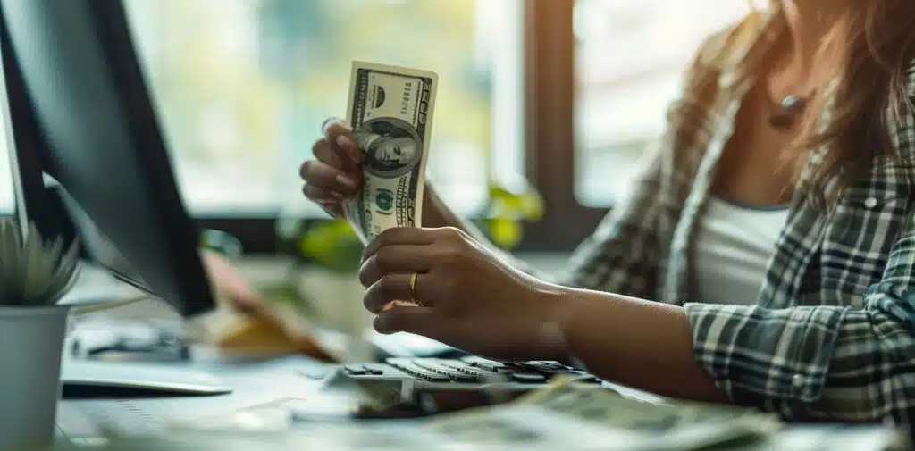 A bearded man hands a dollar bill to a smiling woman with an open wallet on a wooden counter between them