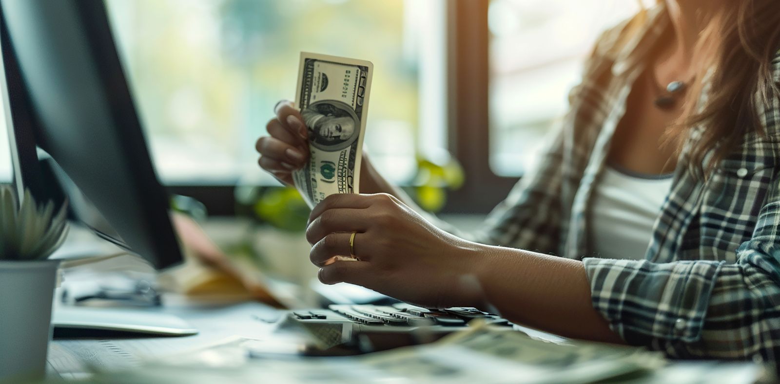 A bearded man hands a dollar bill to a smiling woman with an open wallet on a wooden counter between them