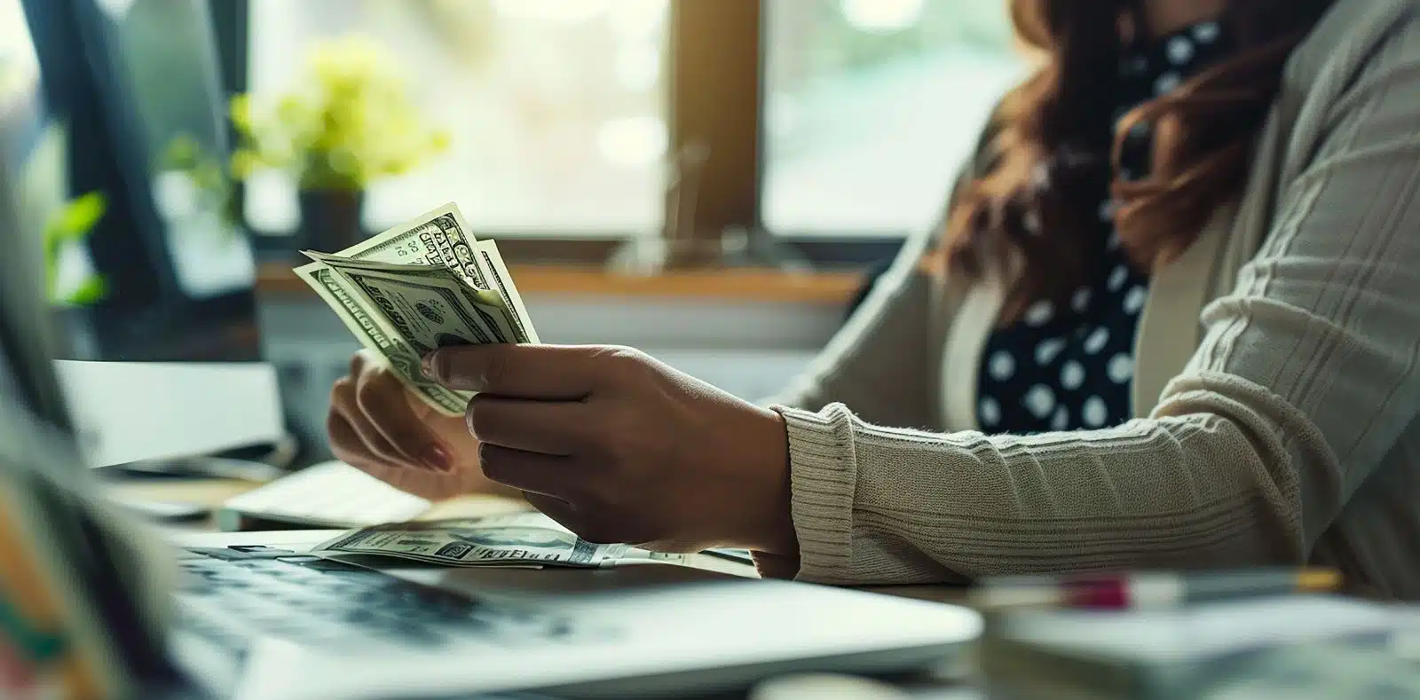 A pink piggy bank sits on a calculator next to a kraft envelope containing $100 bills, glasses, a notepad, and a pen on a wooden surface